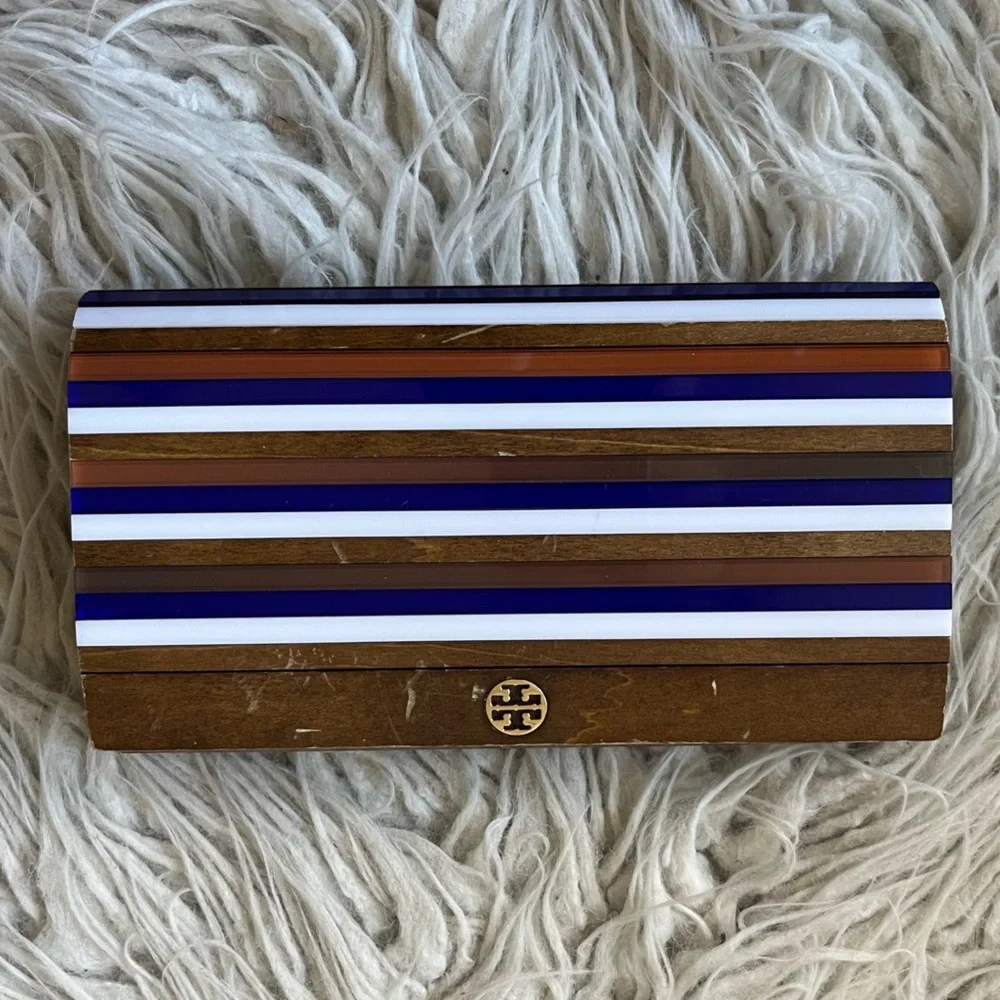 Tory Burch Reyna Multicolor Block Resin Brown Wood Striped Glossy Clutch Bag OS